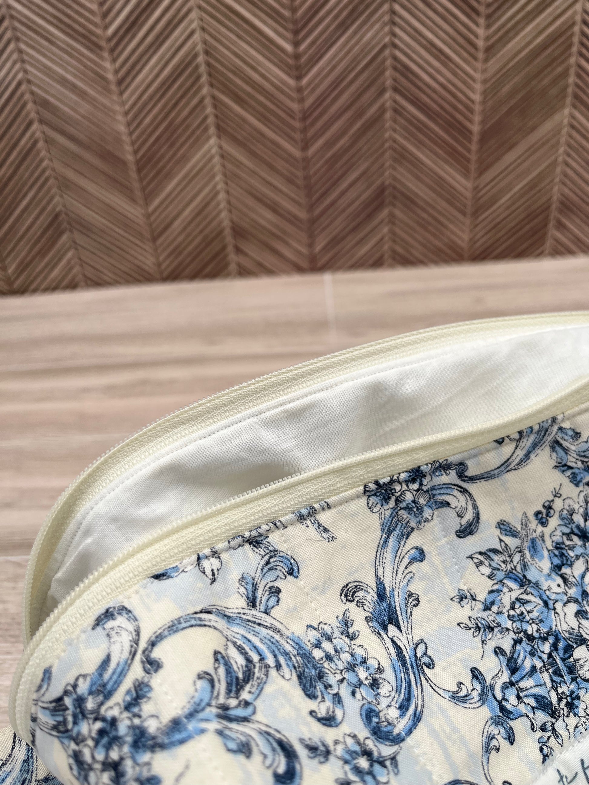 Blue Damask Makeup Bag Lining