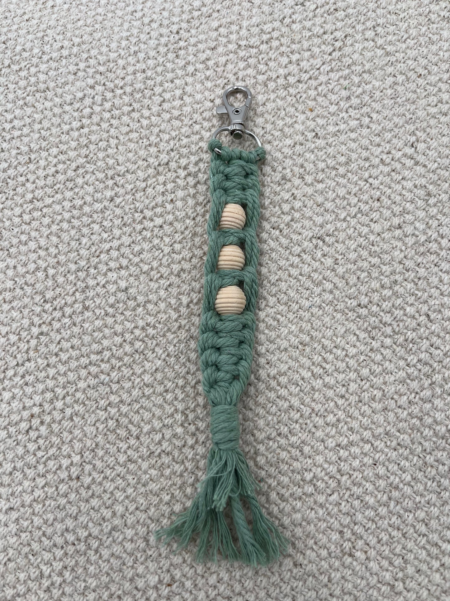 Honeycomb Beaded Macrame Keychain Olive Green